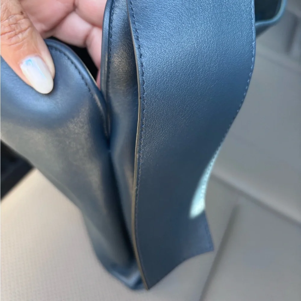 Leather Top-Handle Tote in Navy with Gold Chain Detail